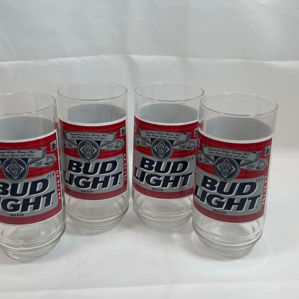 Vintage 80s 90s Bud Light Logo Beer Drinking Glass Tumbler Set of 4 16oz